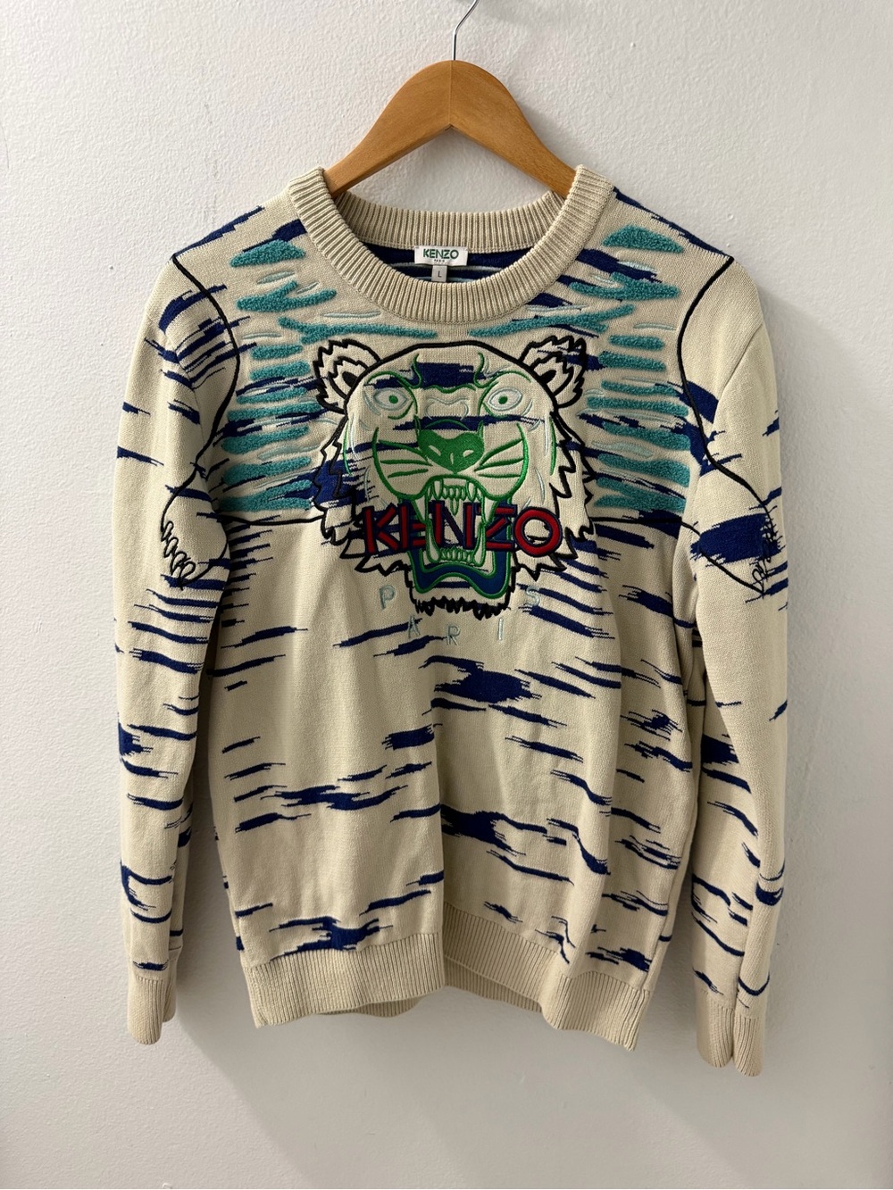 Kenzo Cream Crewneck Sweater with Blue & Green Tiger Graphic